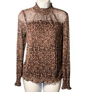 Adrianna Papell Brown Leopard Print Sheer Long Sleeve Blouse